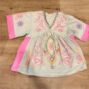 Blue Velvet Beand Embroidered Tunic with Teal and Hot Pink Trim